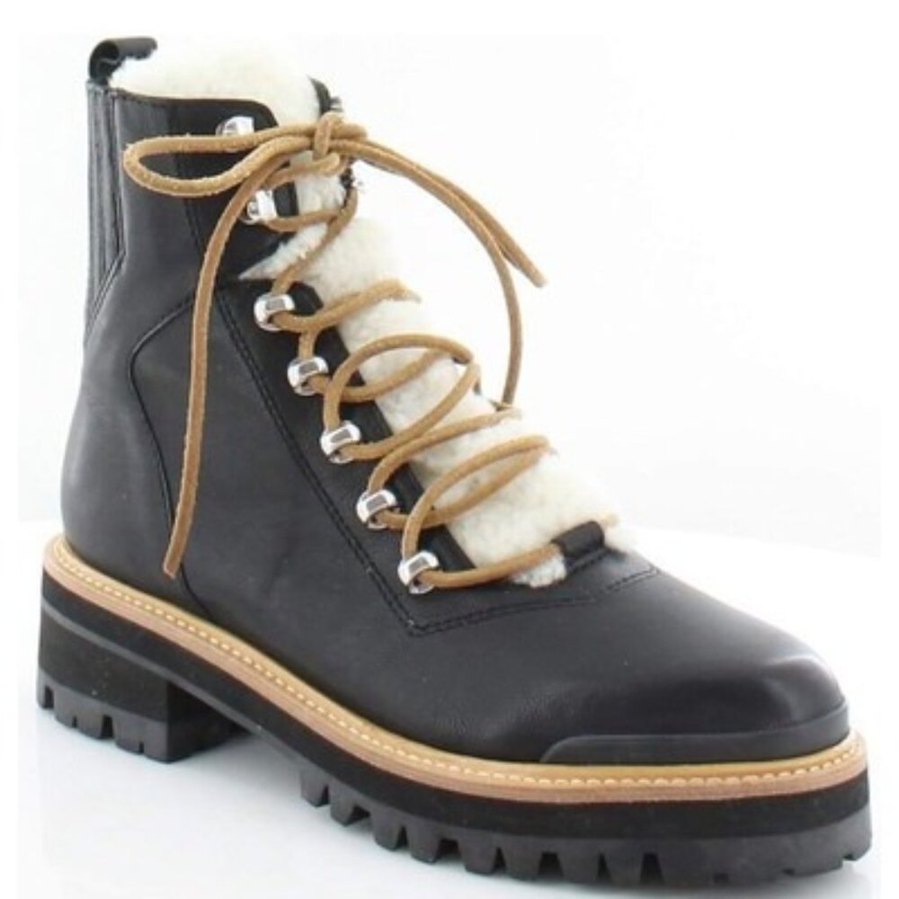 Marc Fisher Black Leather Combat Boots with Sherpa Trim